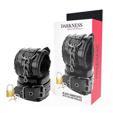 Darkness Black Handcuffs - Polsiere in Pelle Vegana Nera Lucida e Lucchetto