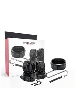 Darkness Sub & Dom Kit - Collare, Guinzaglio e Polsiere in Pelle Vegana Nera