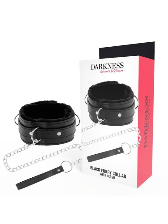 Darkness Black Furry Collar - Collare in Pelle Vegana Nera con Guinzaglio in Acciaio
