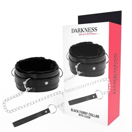 Darkness Black Furry Collar - Collare in Pelle Vegana Nera con Guinzaglio in Acciaio