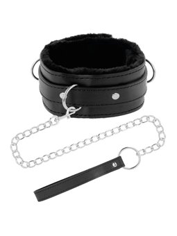 Darkness Black Furry Collar - Collare in Pelle Vegana Nera con Guinzaglio in Acciaio