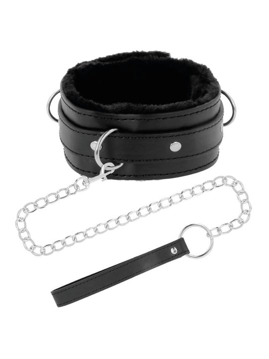 Darkness Black Furry Collar - Collare in Pelle Vegana Nera con Guinzaglio in Acciaio