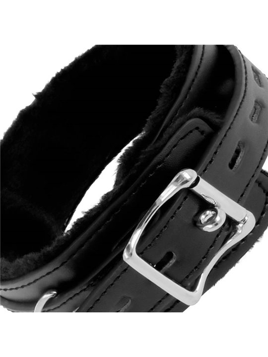 Darkness Black Furry Collar - Collare in Pelle Vegana Nera con Guinzaglio in Acciaio