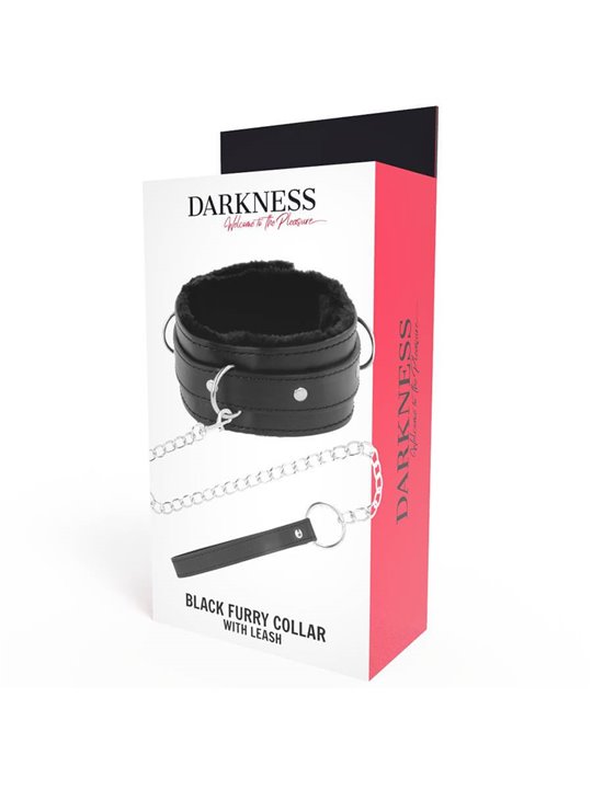 Darkness Black Furry Collar - Collare in Pelle Vegana Nera con Guinzaglio in Acciaio