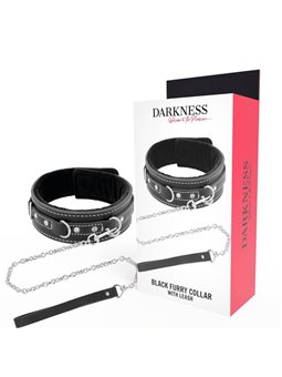 Darkness Black Furry Collar - Collare in Pelle Nera con Guinzaglio in Acciaio