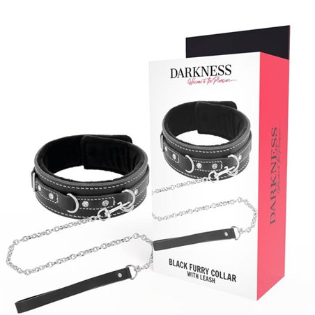 Darkness Black Furry Collar - Collare in Pelle Nera con Guinzaglio in Acciaio