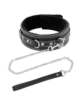 Darkness Black Furry Collar - Collare in Pelle Nera con Guinzaglio in Acciaio