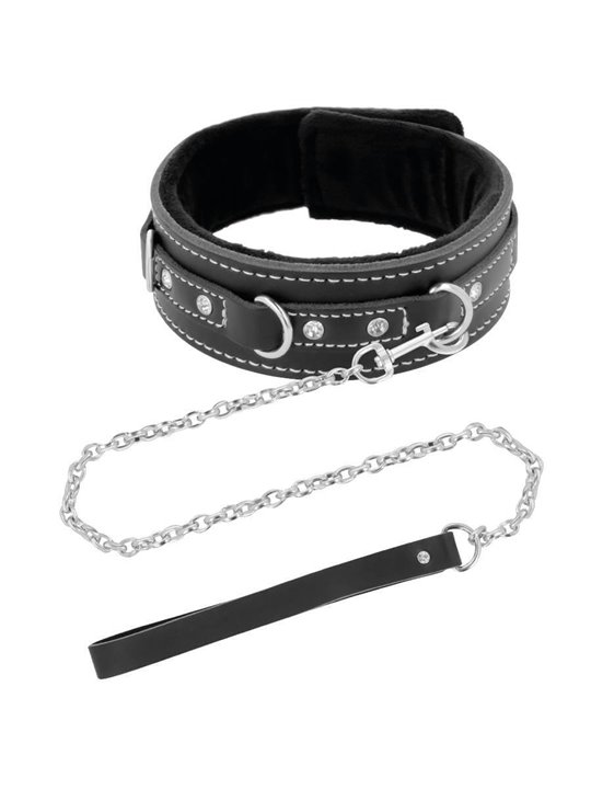 Darkness Black Furry Collar - Collare in Pelle Nera con Guinzaglio in Acciaio