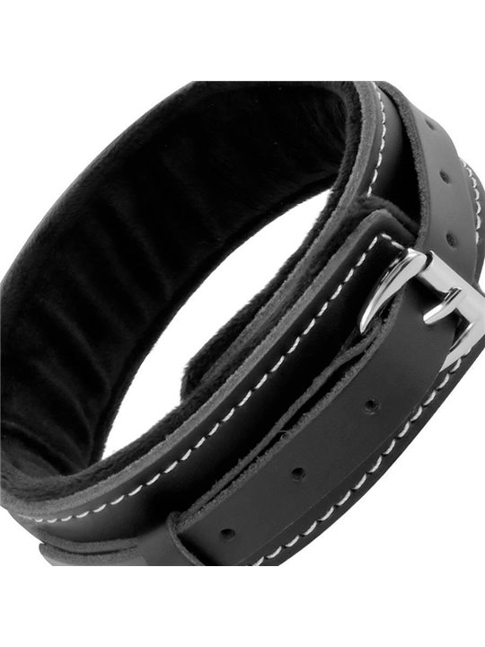 Darkness Black Furry Collar - Collare in Pelle Nera con Guinzaglio in Acciaio