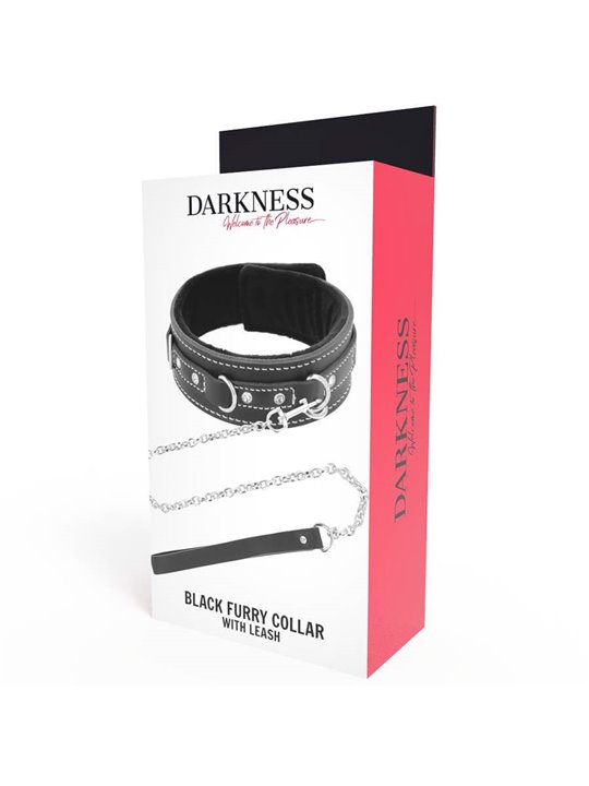 Darkness Black Furry Collar - Collare in Pelle Nera con Guinzaglio in Acciaio