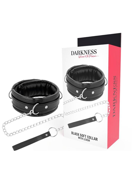 Darkness Black Soft Collar - Collare in Pelle Nera con Guinzaglio in Acciaio
