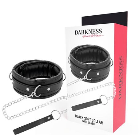 Darkness Black Soft Collar - Collare in Pelle Nera con Guinzaglio in Acciaio
