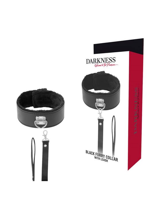 Darkness Black Furry Collar - Collare con Guinzaglio in Pelle Vegana Nera