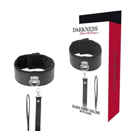 Darkness Black Furry Collar - Collare con Guinzaglio in Pelle Vegana Nera