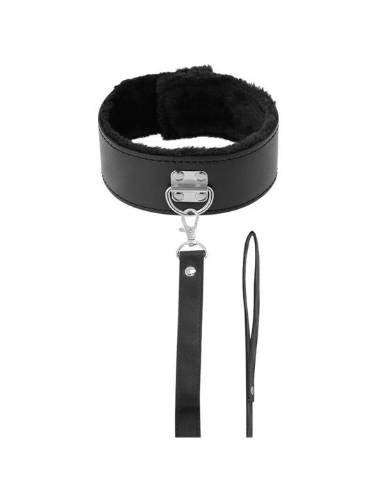 Darkness Black Furry Collar - Collare con Guinzaglio in Pelle Vegana Nera