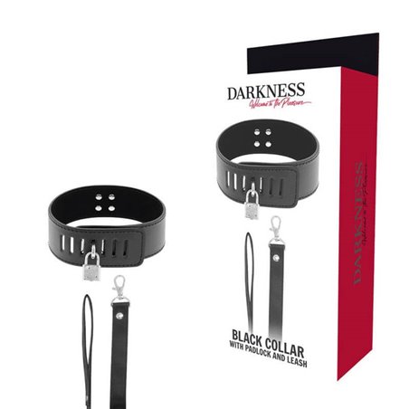 Darkness Black Collar - Collare e Guinzaglio in Pelle Vegana Nera con Lucchetto