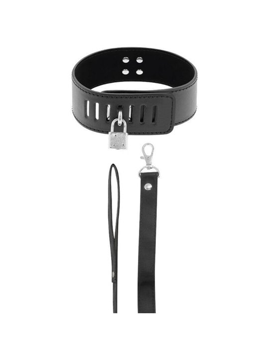 Darkness Black Collar - Collare e Guinzaglio in Pelle Vegana Nera con Lucchetto