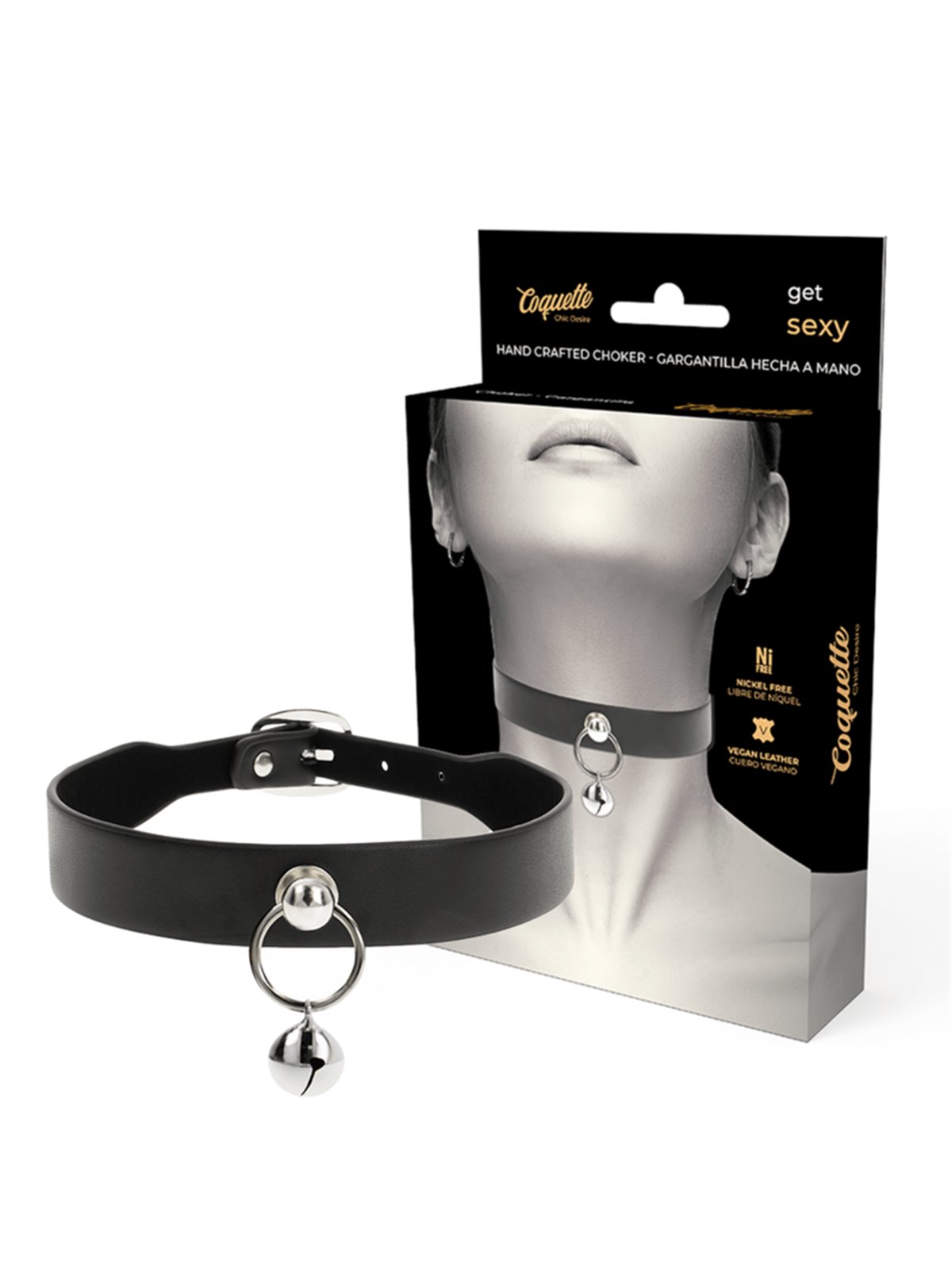 Coquette Chic Desire - Collare in Pelle Vegana Nera con Anello e Sonaglio