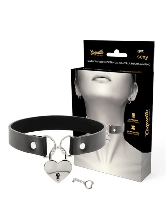 Coquette Chic Desire - Collare in Pelle Vegana Nera con Lucchetto Cuore
