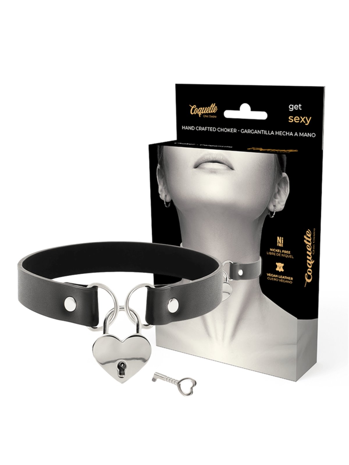 Coquette Chic Desire - Collare in Pelle Vegana Nera con Lucchetto Cuore