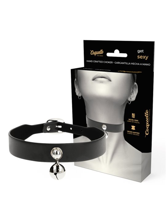 Coquette Chic Desire - Collare in Pelle Vegana Nera con Sonaglio e Fibbia