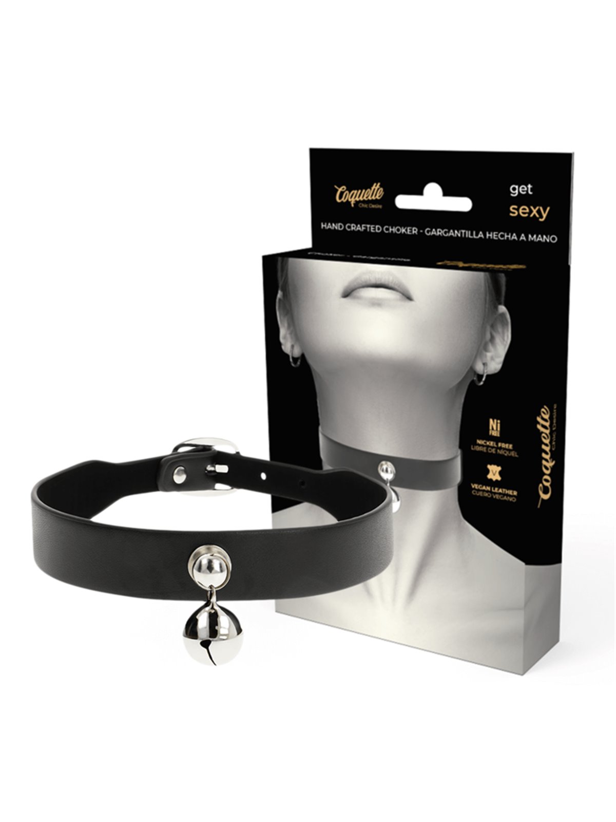 Coquette Chic Desire - Collare in Pelle Vegana Nera con Sonaglio e Fibbia