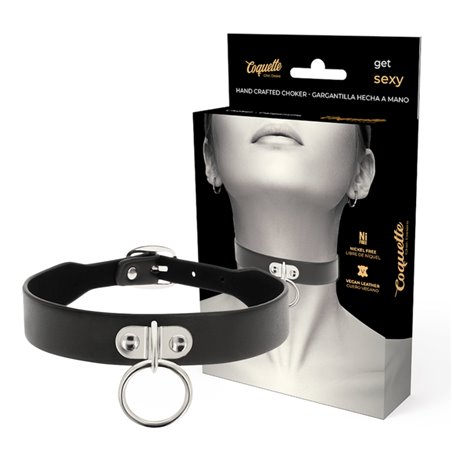 Coquette Chic Desire - Collare in Pelle Vegana Nera con Anello e Fibbia