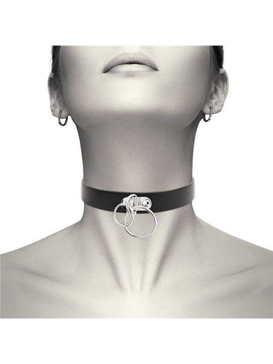 Coquette Chic Desire - Collare in Pelle Vegana con Doppio Anello - Nero