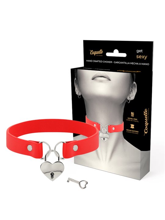 Coquette Chic Desire - Collare in Pelle Vegana Rossa con Lucchetto Cuore