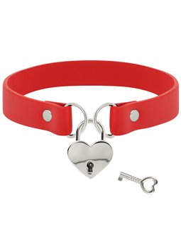 Coquette Chic Desire - Collare in Pelle Vegana Rossa con Lucchetto Cuore