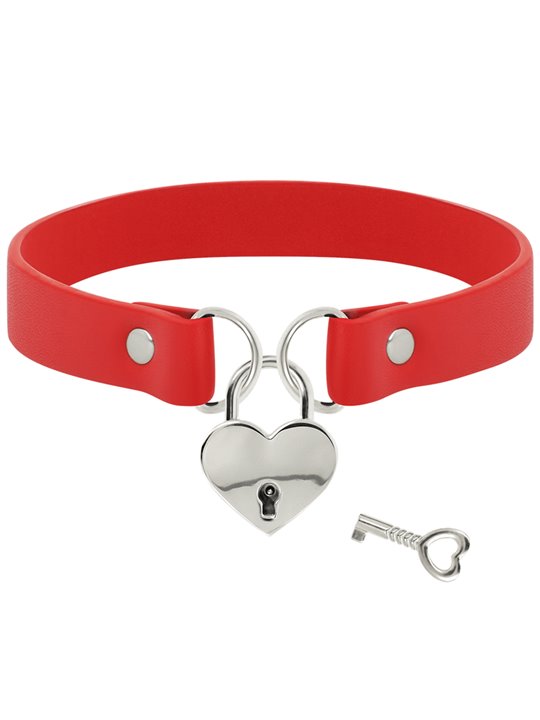 Coquette Chic Desire - Collare in Pelle Vegana Rossa con Lucchetto Cuore