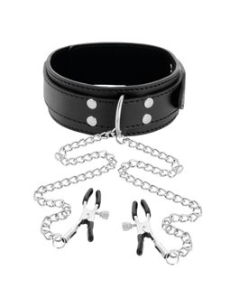 Darkness Black Collar - Collare in Pelle Vegana Nera con Morsetti per Capezzoli