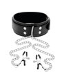 Darkness Black Collar - Collare in Pelle Vegana Nera con Morsetti per Capezzoli