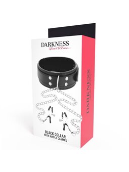 Darkness Black Collar - Collare in Pelle Vegana Nera con Morsetti per Capezzoli