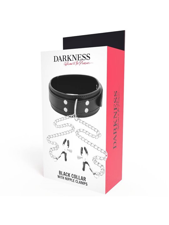 Darkness Black Collar - Collare in Pelle Vegana Nera con Morsetti per Capezzoli