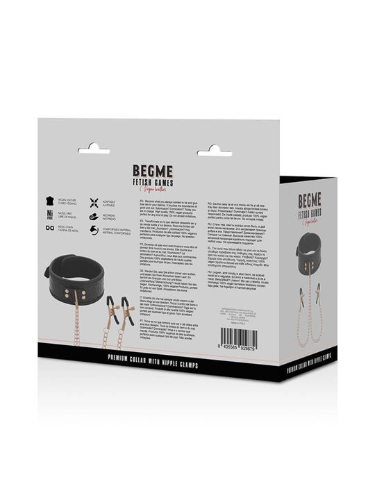 Begme Black Edition - Collare in Pelle Vegana con Morsetti per Capezzoli