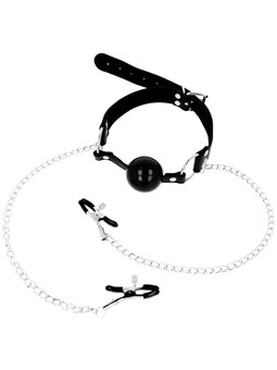 Ohmama Fetish Black Ball Gag with Nipple Clamps
