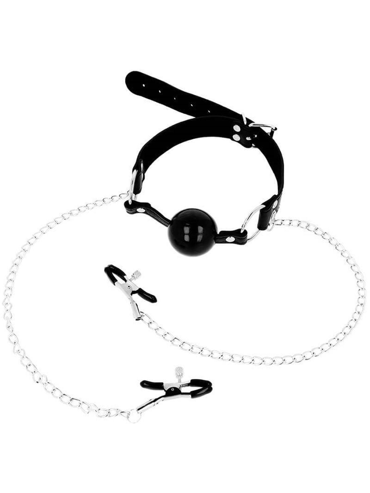Ohmama Fetish Black Ball Gag with Nipple Clamps