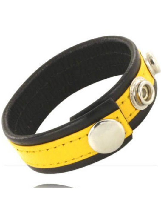 Leather Body Cock And Ball Strap With Snaps - Black And Yellow