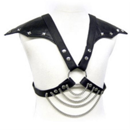 Leather Body Bdsm - Imbracatura in Pelle Nera con Catene e Ali Sulle Spalle