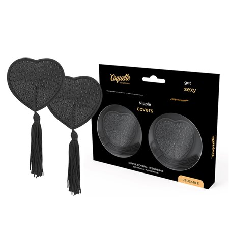 Coquette Chic Desire - Copricapezzoli Neri a Forma di Cuore con Nappe