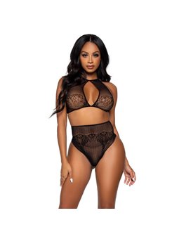 Leg Avenue - Top Corto con Dettagli in Pizzo + Perizoma a Vita Alta Taglia Unica Nero