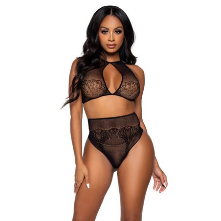 Leg Avenue - Top Corto con Dettagli in Pizzo + Perizoma a Vita Alta Taglia Unica Nero