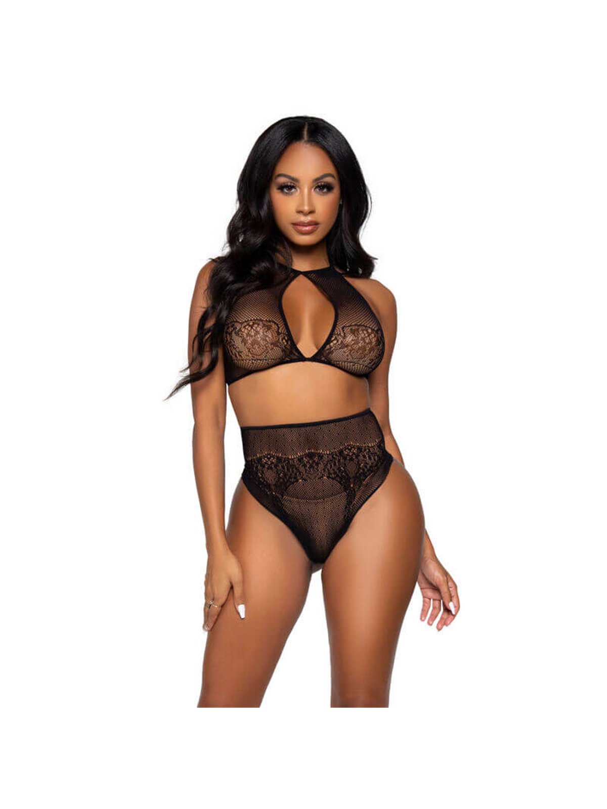 Leg Avenue - Top Corto con Dettagli in Pizzo + Perizoma a Vita Alta Taglia Unica Nero