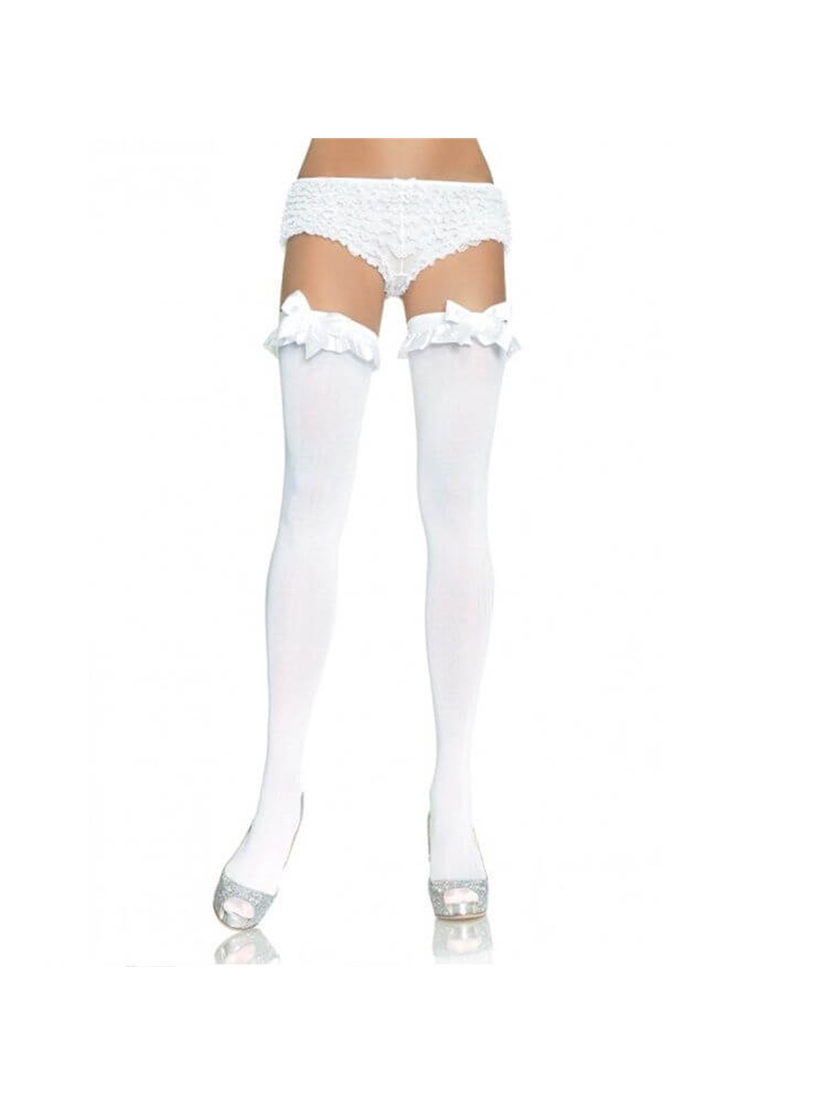 Leg Avenue - Collant Bianco Opaco con Finitura Volant e Fiocco