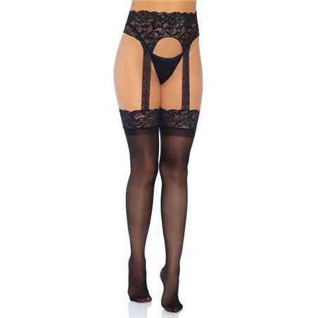 Leg Avenue - Collant Reggicalze a Vita Alta con Pizzo Taglia Unica Nero