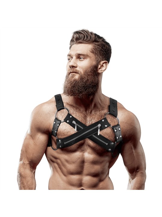 Fetish Submissive Attitude - Adjustable Neoprene Cross-Over Chest Bulldog Harness With Zippers For Men