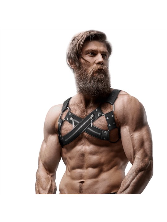 Fetish Submissive Attitude - Adjustable Neoprene Cross-Over Chest Bulldog Harness With Zippers For Men