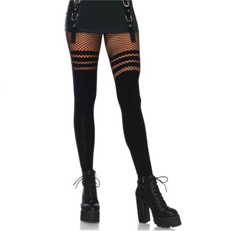 Leg Avenue - Collant a Rete con Dettaglio a Righe Sulla Coscia Taglia Unica Nero