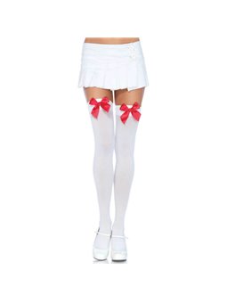 Leg Avenue - Nylon Thigh Highs with Bow White / Red